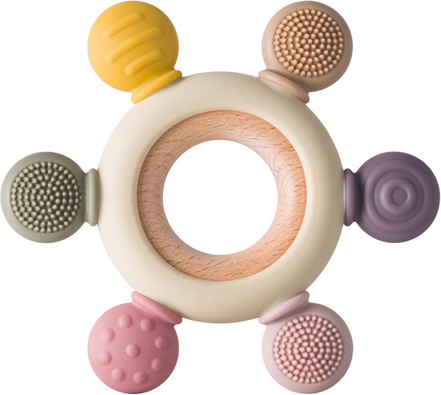 Arudyo Baby Teething Toys Silicone Teethers BPA Free Silicone Rudder with Wooden Ring Soothe Babies Gums (Khaki)