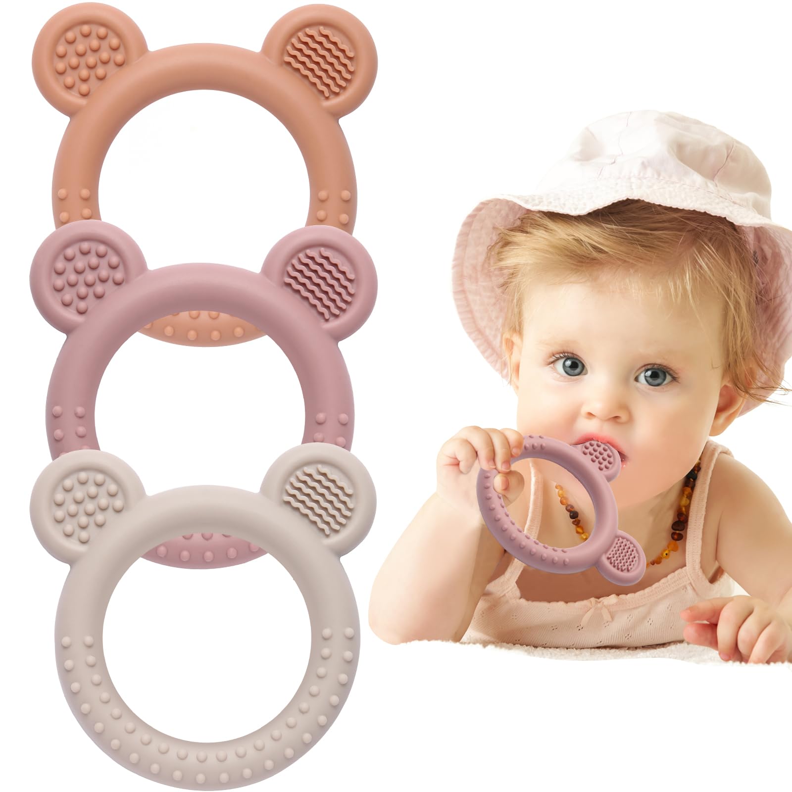 Eascrozn 3 Pack Bear Silicone Baby Teething Toys 3M+ BPA Free | Teethers for Babies 3-6 6-12 Months, Silicone Teething Ring Toys Easy to Grasp, Teething Relief for Baby Infant toys