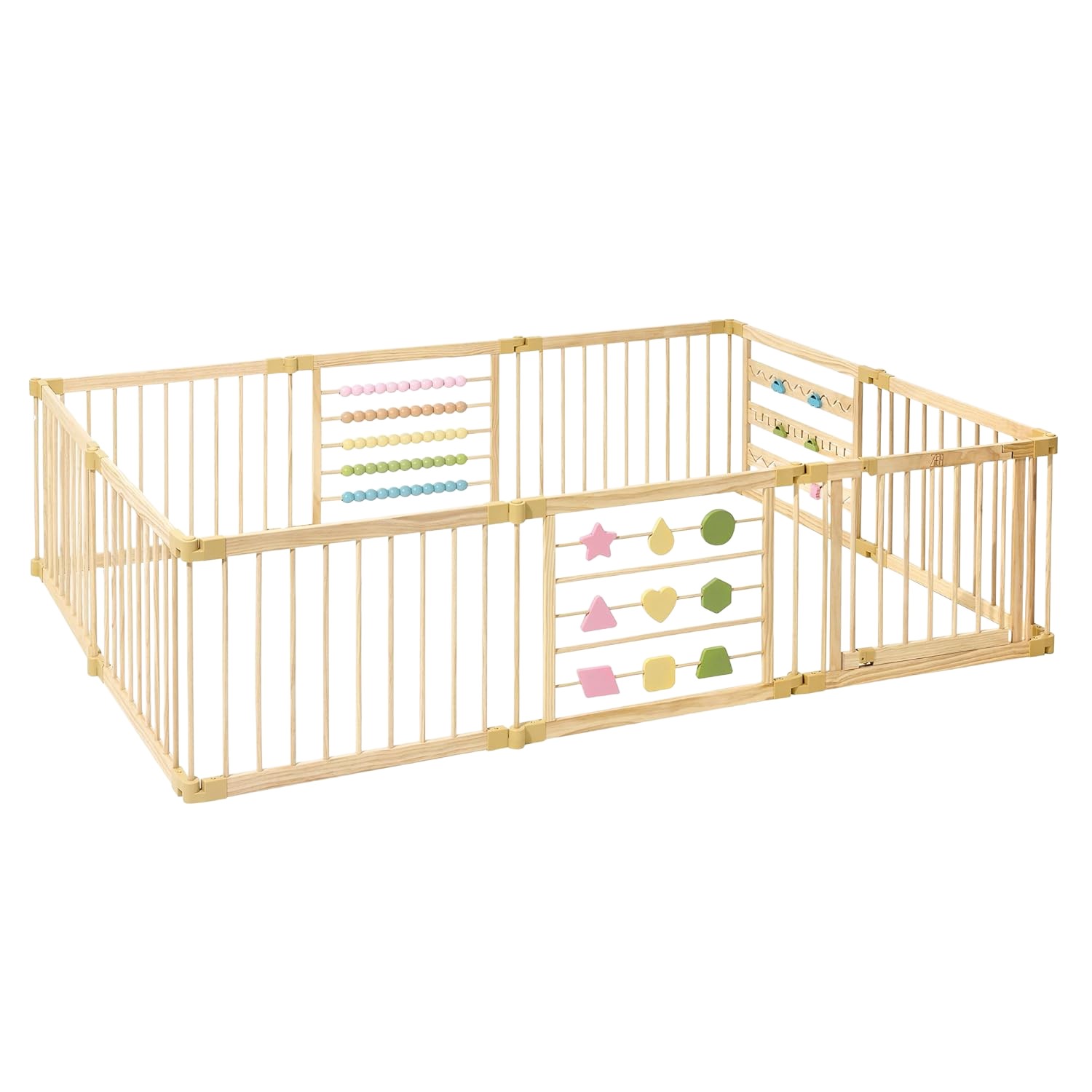 ZETY Natural Pine Wood Baby Playpen - Built in Activity Center - Foldable & Expandable Indoor Wooden Play Yard