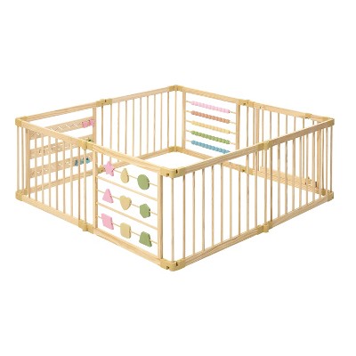 ZETY Wooden Baby Playpen 63"x63" 8 Panel, Geometry Activity Play Yard, Natural Pine
