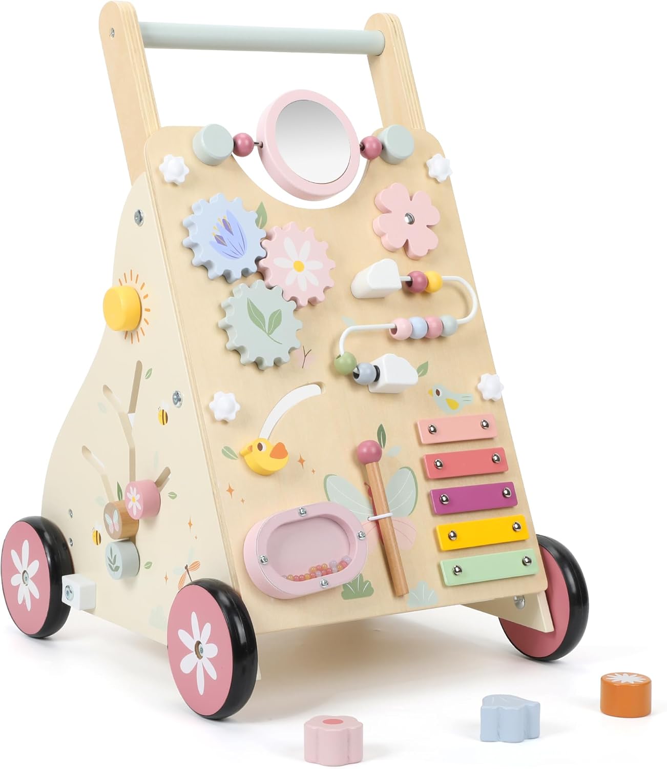 Pithfor Wooden Baby Push Walker with Toys
